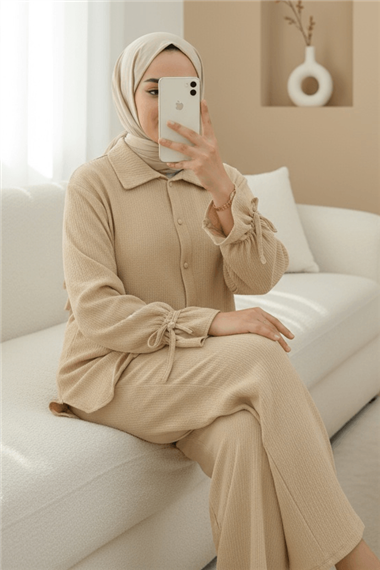 Top Düğmeli Kolu Bağcıklı Krinkıl Takım -Bej