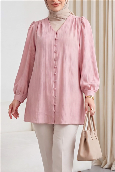 Top Düğmeli V Yaka Jakarlı Krinkıl Tunik  -Pembe