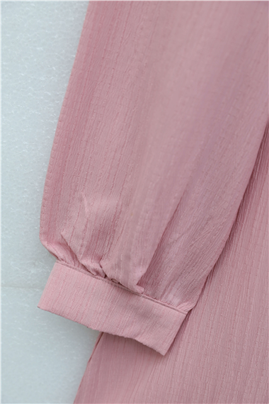 Top Düğmeli V Yaka Jakarlı Krinkıl Tunik  -Pembe