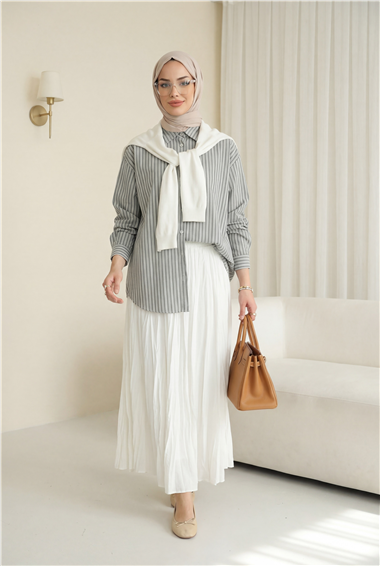 Triko Fular Detaylı Çizgili Keten Gömlek -Haki