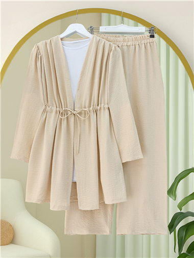 Tünel Bağcıklı Ayrobin Kimono Takım -Bej