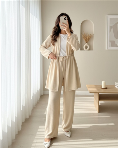 Tünel Bağcıklı Ayrobin Kimono Takım -Bej