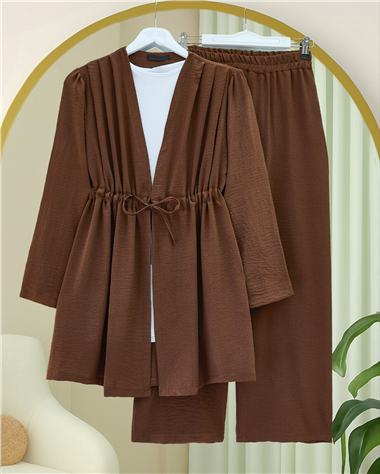 Tünel Bağcıklı Ayrobin Kimono Takım -Kahve