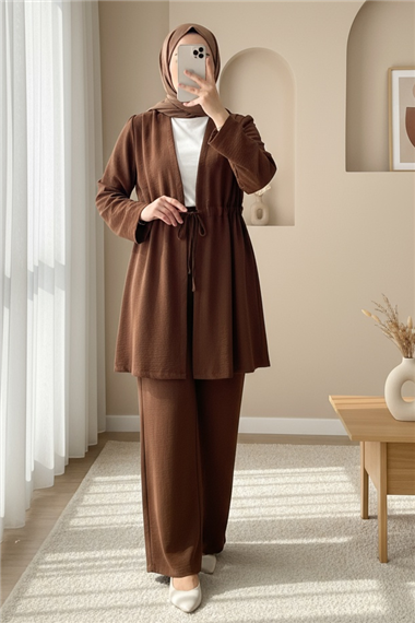 Tünel Bağcıklı Ayrobin Kimono Takım -Kahve