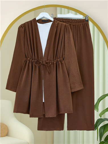 Tünel Bağcıklı Ayrobin Kimono Takım -Kahve