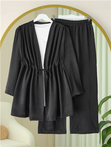 Tünel Bağcıklı Ayrobin Kimono Takım -Siyah