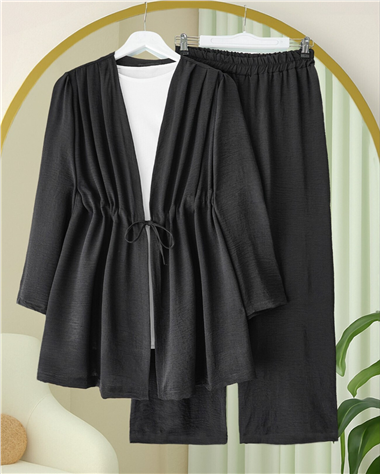 Tünel Bağcıklı Ayrobin Kimono Takım -Siyah