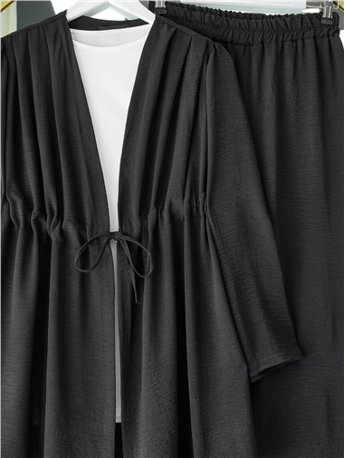 Tünel Bağcıklı Ayrobin Kimono Takım -Siyah