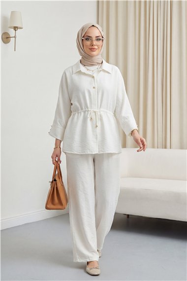 Tünel Bağcıklı Beli Lastikli Pantolonlu Pamuklu Krinkıl Takım  -Ekru