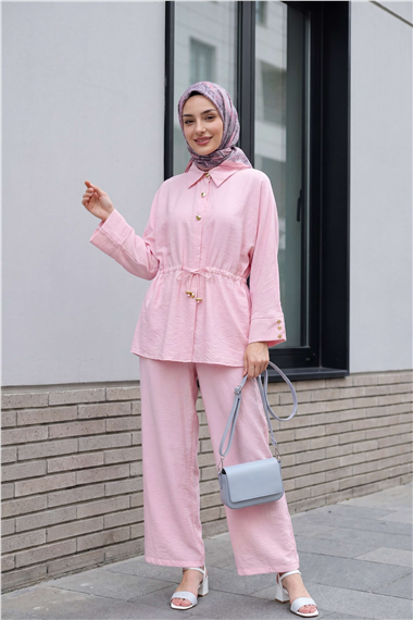 Tünel Bağcıklı Beli Lastikli Pantolonlu Pamuklu Krinkıl Takım   -Pembe