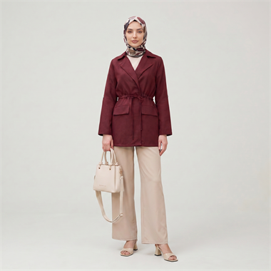 Tünel Bağcıklı Cep Detaylı Keten Görünümlü Kimono -Bordo