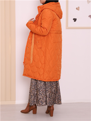 Tünel Bağcıklı Cepleri Çıtçıtlı Kapitone Mont   -Turuncu