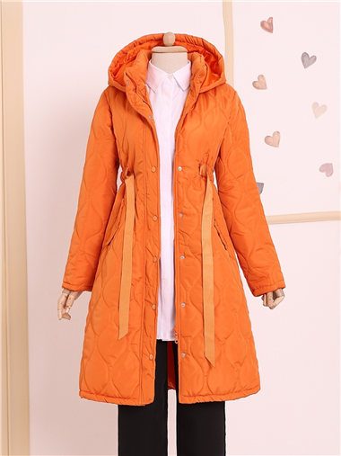Tünel Bağcıklı Cepleri Çıtçıtlı Kapitone Mont   -Turuncu