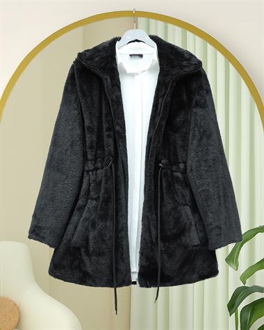 Tünel Bağcıklı Cepli Astarlı Kürklü Ceket -Siyah