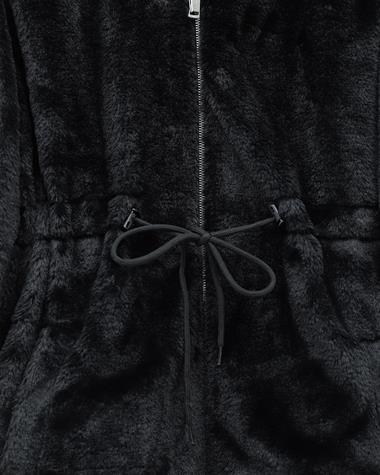 Tünel Bağcıklı Cepli Astarlı Kürklü Ceket -Siyah