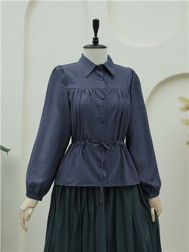 Tünel Bağcıklı Düğmeli Gömlek Bluz -Laci