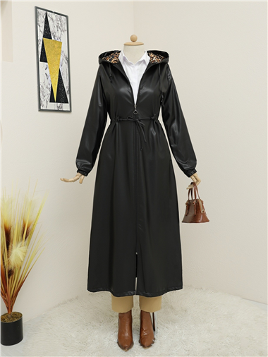 معطف جلد طويل بغطاء للرأس من الدانتيل - أسود