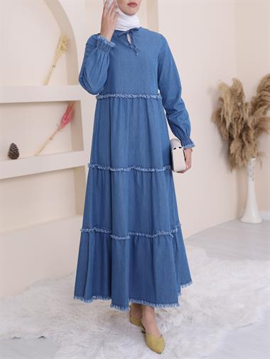 Üç Parça Yıkamalı Kot Elbise -Mavi
