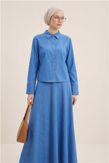 Üstü Düğmeli Kloş Etekli Tensel Takım -Mavi