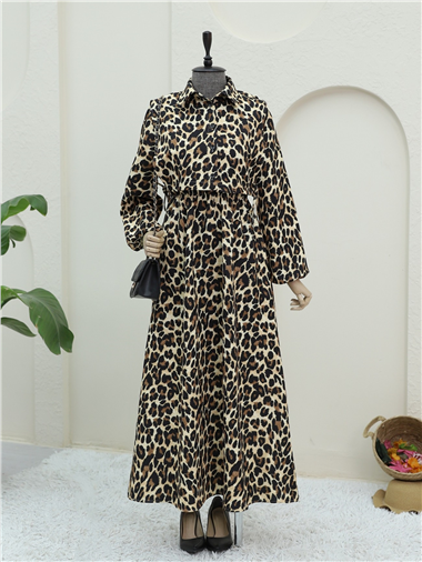 Üstü Gömlek Detaylı Leopar Desenli Elbise -Vizon