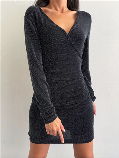 Uzun Kollu Kruvaze Simli Elbise -Siyah