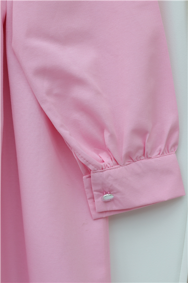 V Yaka Bağlamalı Yakası Fırfırlı Çiçek Nakışlı Poplin Tunik -Pembe