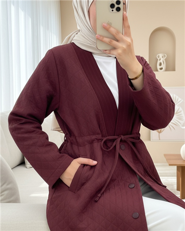 V Yaka Beli Bağcıklı Cepli Düğmeli Kap -Bordo