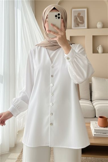 V Yaka Boydan Düğmeli Poplin Gömlek  -Beyaz