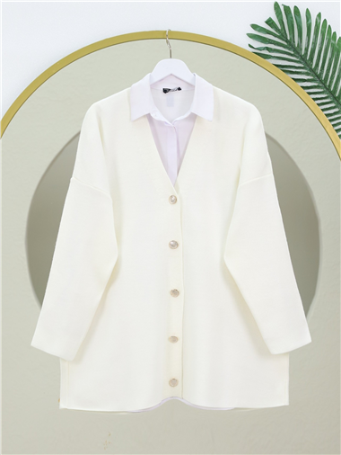 V Yaka Düğmeli Oversize Triko Hırka -Ekru