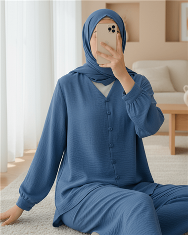 V Yaka Düğmeli Pantolonlu Ayrobin Takım -İndigo
