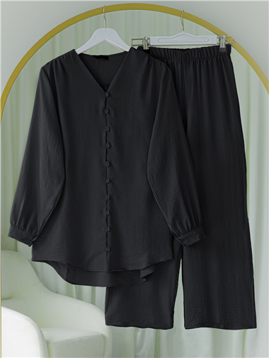 V Yaka Düğmeli Pantolonlu Ayrobin Takım -Siyah