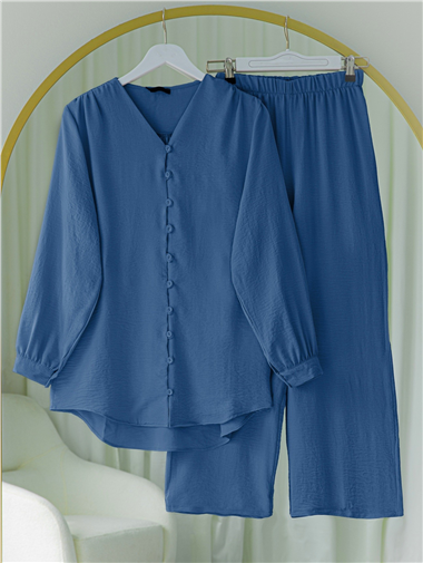 V Yaka Düğmeli Pantolonlu Ayrobin Takım -İndigo