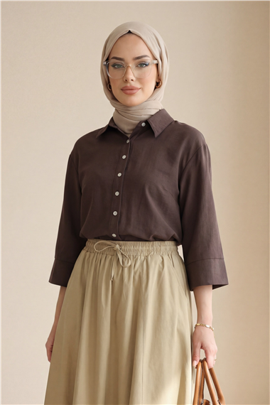 V Yaka Düğmeli Yarım Kol Modal Gömlek -K. Kahve