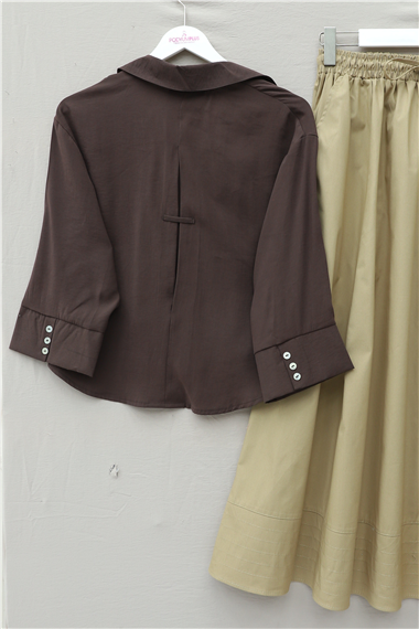 V Yaka Düğmeli Yarım Kol Modal Gömlek -K. Kahve