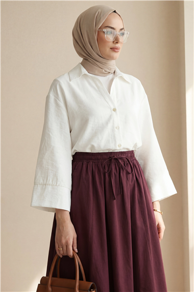 V Yaka Düğmeli Yarım Kol Modal Gömlek -Beyaz