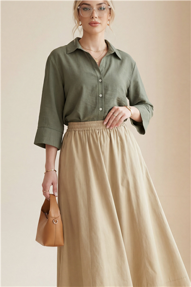 V Yaka Düğmeli Yarım Kol Modal Gömlek -Haki