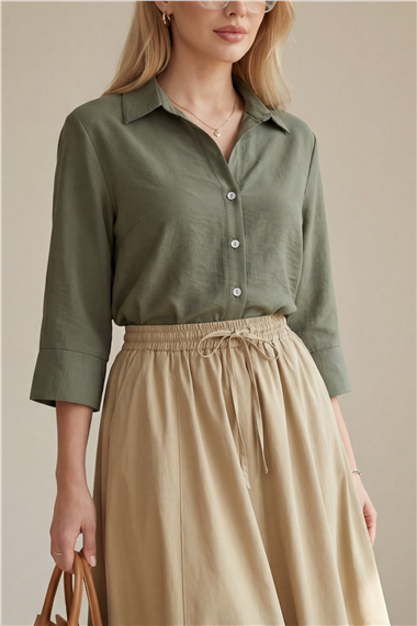 V Yaka Düğmeli Yarım Kol Modal Gömlek -Haki