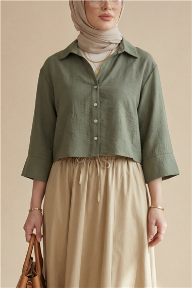 V Yaka Düğmeli Yarım Kol Modal Gömlek -Haki