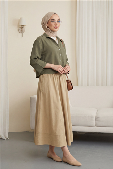 V Yaka Düğmeli Yarım Kol Modal Gömlek -Haki