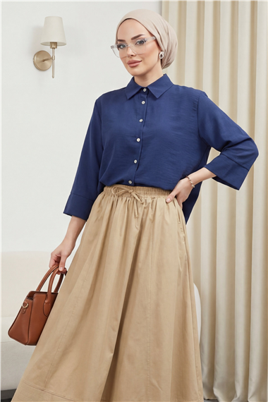 V Yaka Düğmeli Yarım Kol Modal Gömlek -Laci