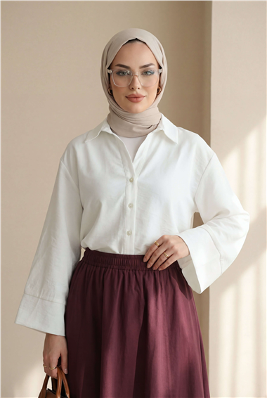 V Yaka Düğmeli Yarım Kol Modal Gömlek -Beyaz