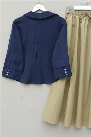 V Yaka Düğmeli Yarım Kol Modal Gömlek -Laci