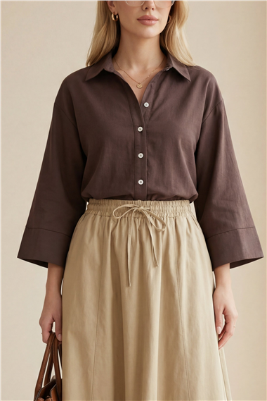 V Yaka Düğmeli Yarım Kol Modal Gömlek -K. Kahve