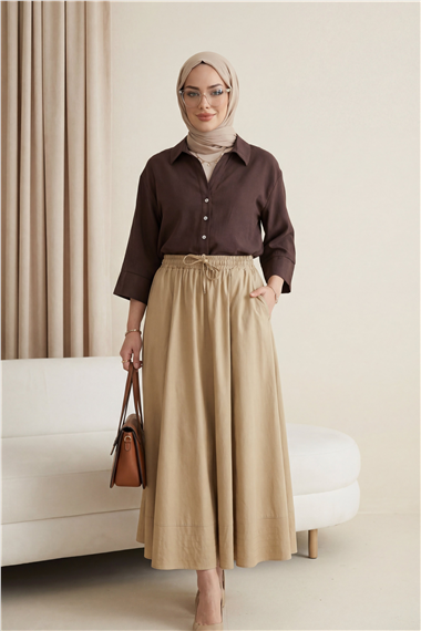 V Yaka Düğmeli Yarım Kol Modal Gömlek -K. Kahve