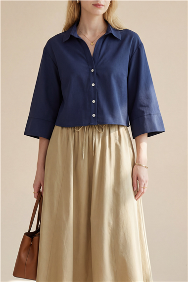 V Yaka Düğmeli Yarım Kol Modal Gömlek -Laci