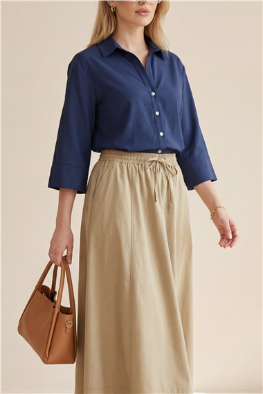 V Yaka Düğmeli Yarım Kol Modal Gömlek -Laci