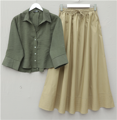 V Yaka Düğmeli Yarım Kol Modal Gömlek -Haki