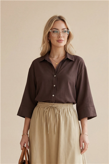 V Yaka Düğmeli Yarım Kol Modal Gömlek -K. Kahve