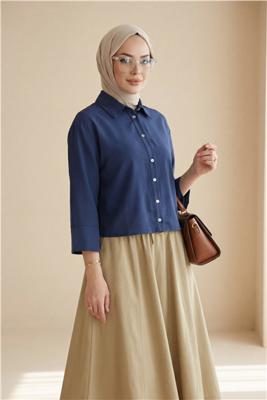 V Yaka Düğmeli Yarım Kol Modal Gömlek -Laci