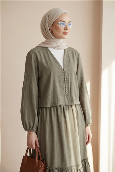 V Yaka Kolları Bağcıklı Top Düğmeli Etekli Viskon Takım  -Toprak